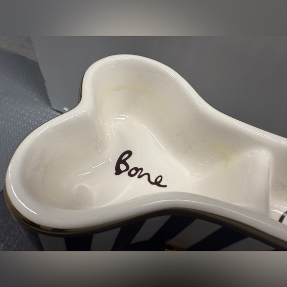 Henri Bendel NY Bone Appetit Dog Bowl Brown & White Stripe Gold Band - Picture 3 of 7
